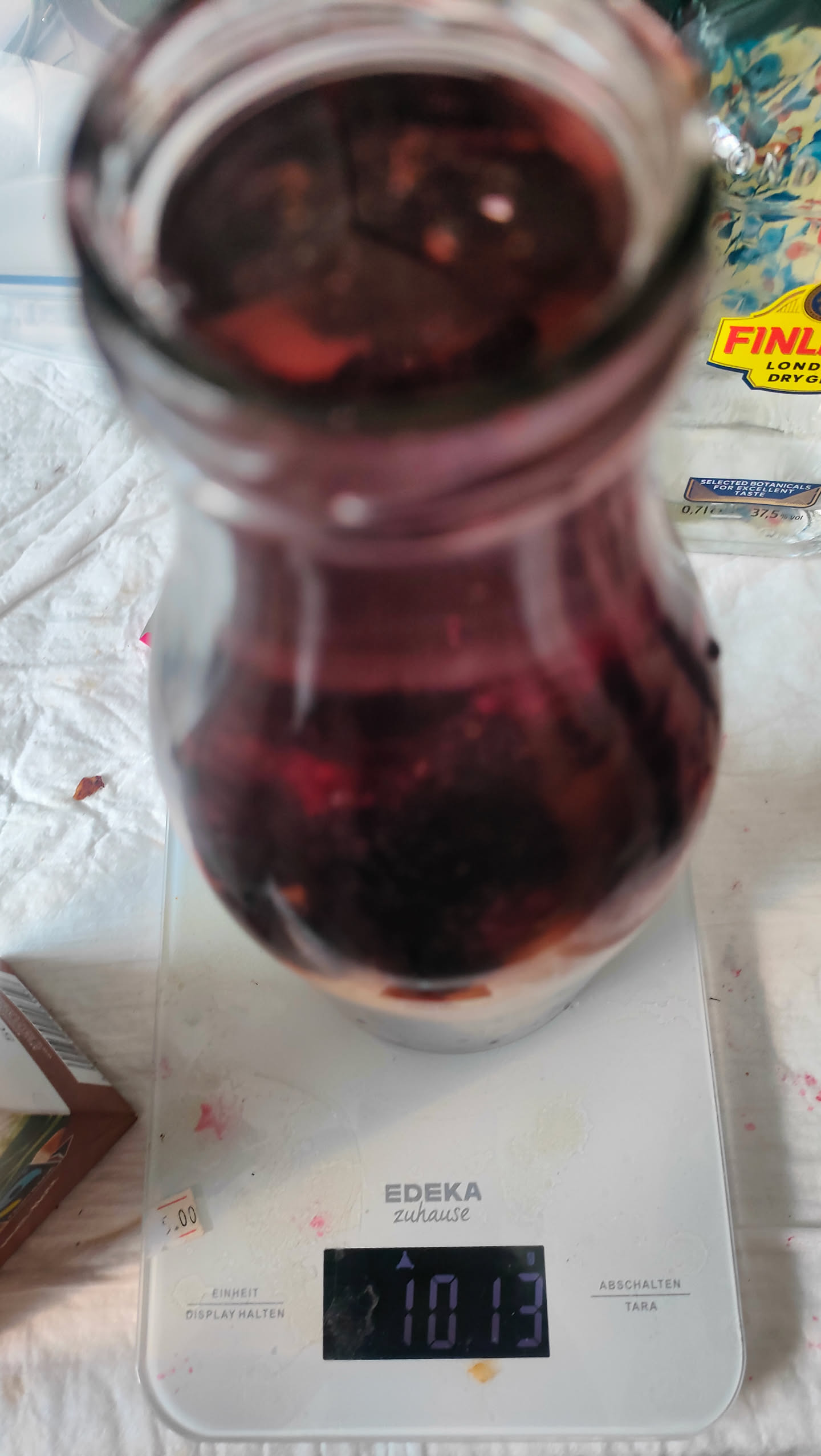 Randvoll gefülltes Glas mit Brombeeren, Zimtstange und Gin